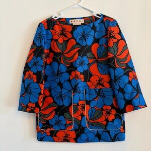 Marni Women's Floral-Print Wool and Silk Blend Shirt - Blue & Red